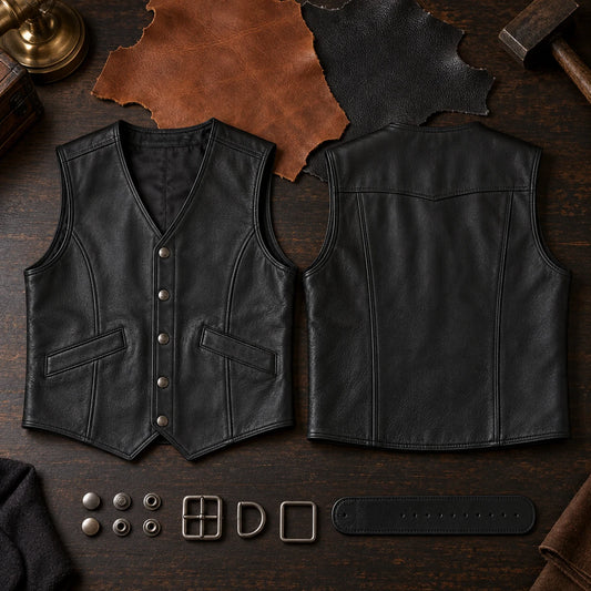 Motorcycle club leather vest requirements prepared with swatches, measurements and reference views.