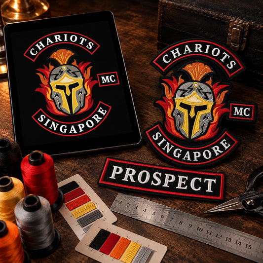 Send existing patch or authorized artwork shown as a custom motorcycle club membership patch product.