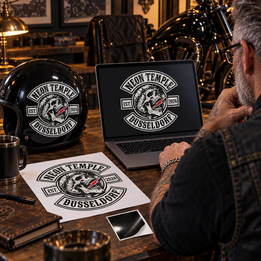 Club president preparing an authorized motorcycle club logo file for sticker design from a clubhouse office.