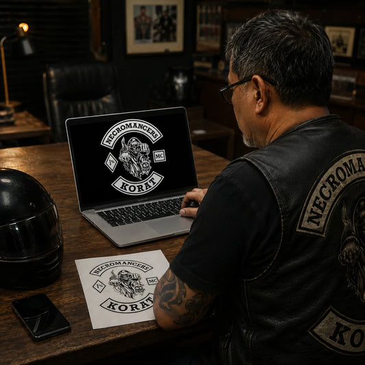 Club president preparing an authorized motorcycle club logo file for sticker design from a clubhouse office.