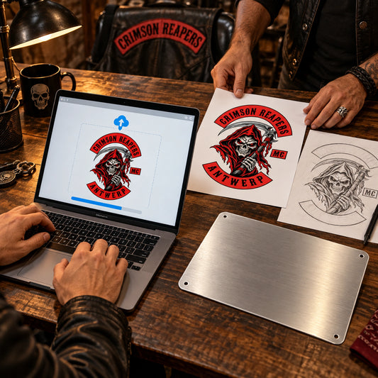 Motorcycle club artwork being uploaded and prepared for a custom tin sign design.