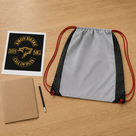 A motorcycle club officer submits approved logo artwork for a custom drawstring bag.