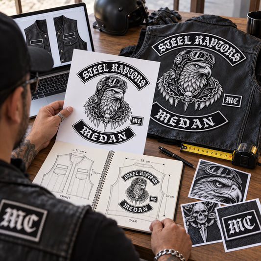 Authorized sketch vest photo measurements and patch reference for a motorcycle club, shown at design intake desk.