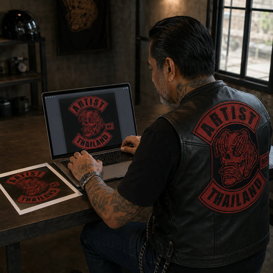 Motorcycle club representative uploading authorized club artwork for a custom metal sign.