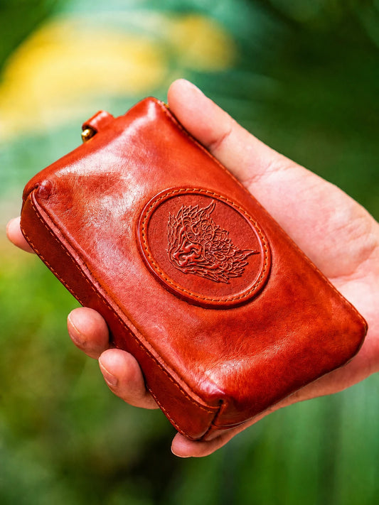red-brown serpent medallion top-grain leather mini biker wallet