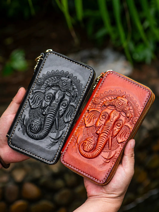 black and red-brown Ganesha carved top-grain leather biker phone wallets
