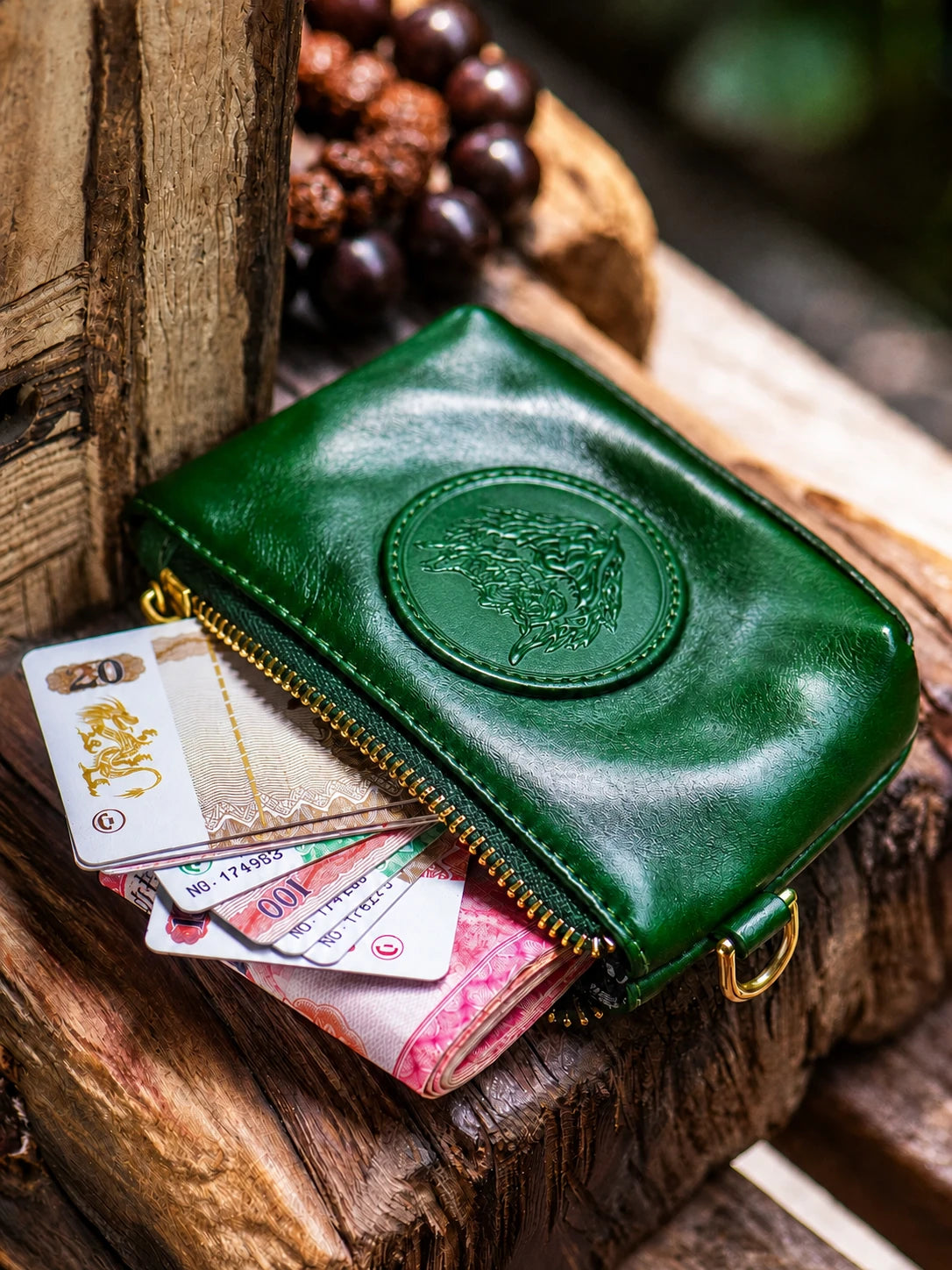 emerald green serpent medallion leather mini biker wallet with cards and cash