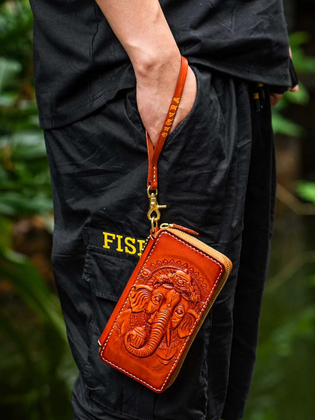 red-brown Ganesha biker phone wallet with wrist strap