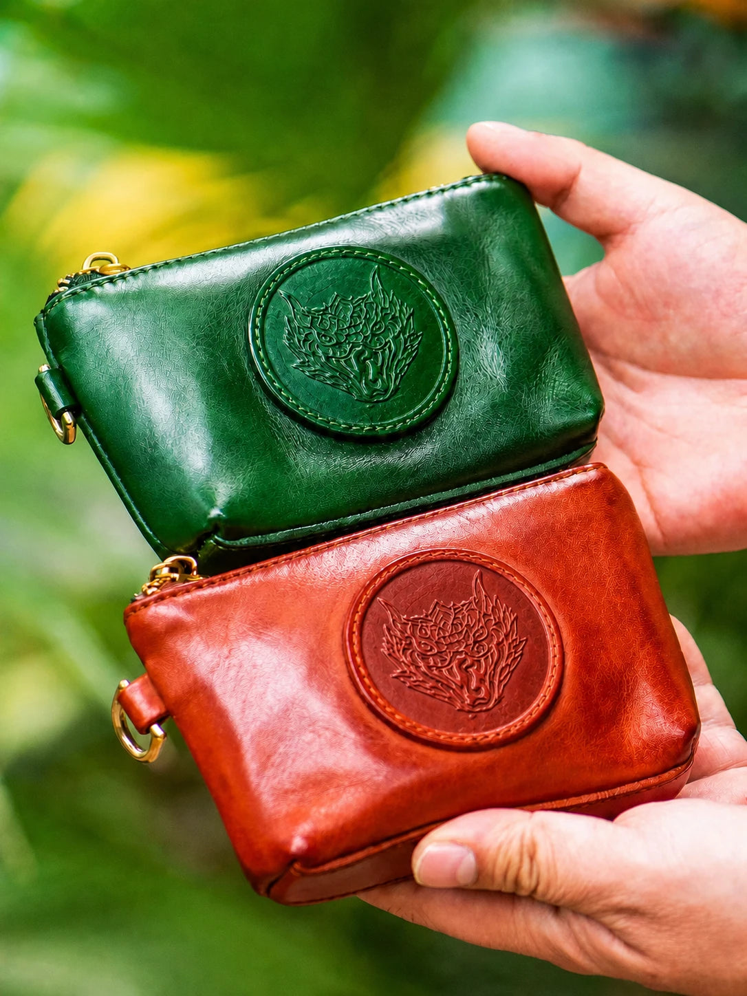 red-brown and emerald green serpent medallion mini biker wallets