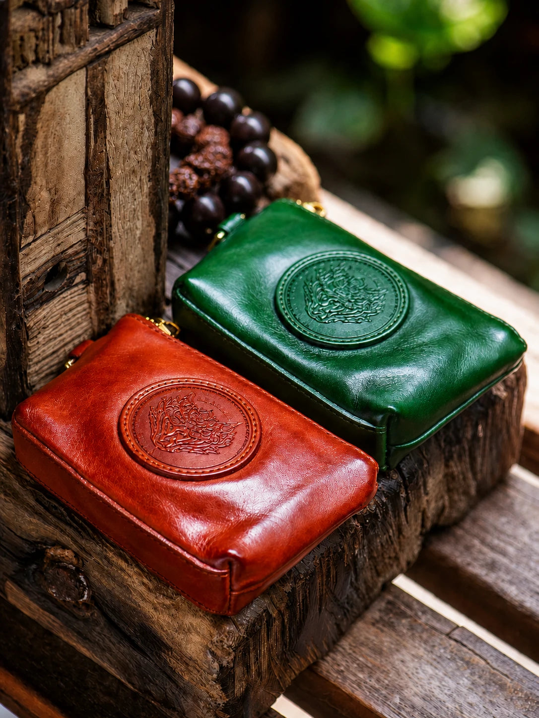 two-color leather mini biker wallets on wood