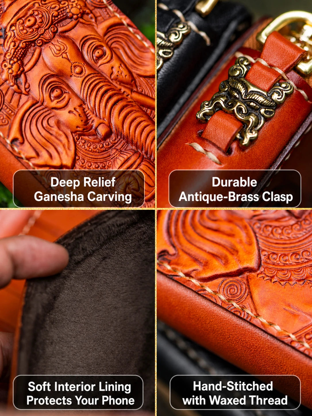 English feature guide for Ganesha leather biker phone wallet