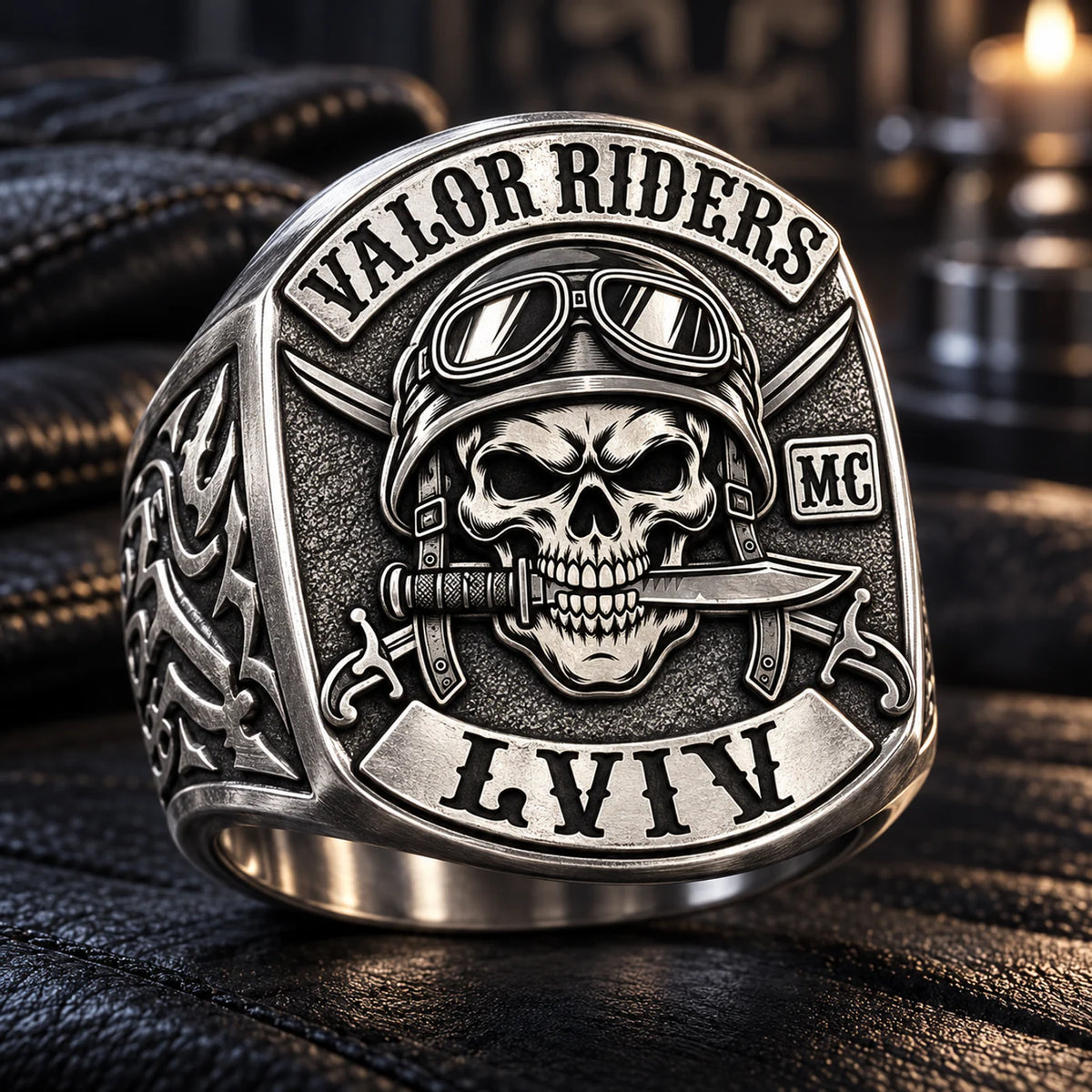Valor Riders white copper motorcycle club ring created as a service or memorial tribute.