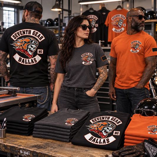 Seventh Gear member and officer short-sleeve shirt editions in a motorcycle apparel workshop.