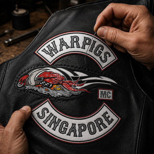 Large motorcycle club back patch being sewn onto a leather vest.