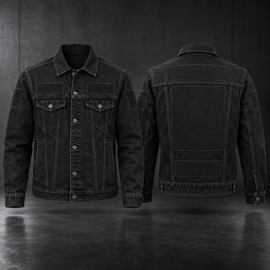Blank black denim jacket with unmarked sew-on patch construction samples.