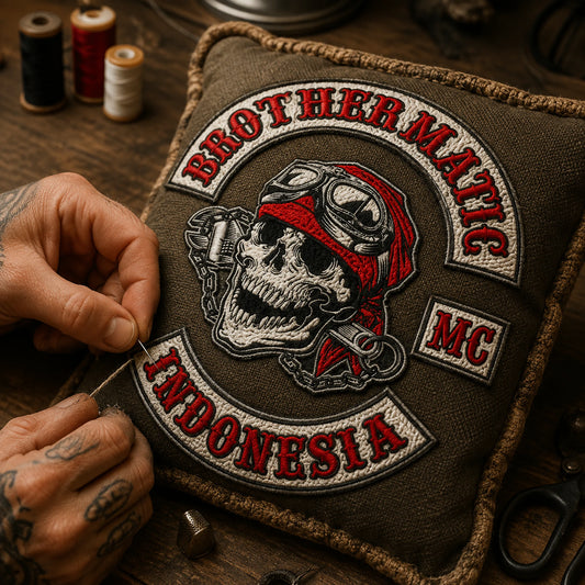 Sewn motorcycle club emblem adds dimensional texture to a custom canvas cushion.