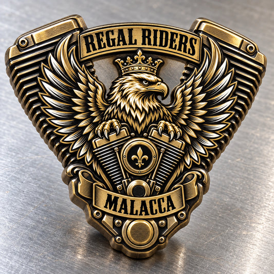 Antique bronze REGAL RIDERS pin with a V-twin engine forming its complete mechanical outer shape on brushed steel.