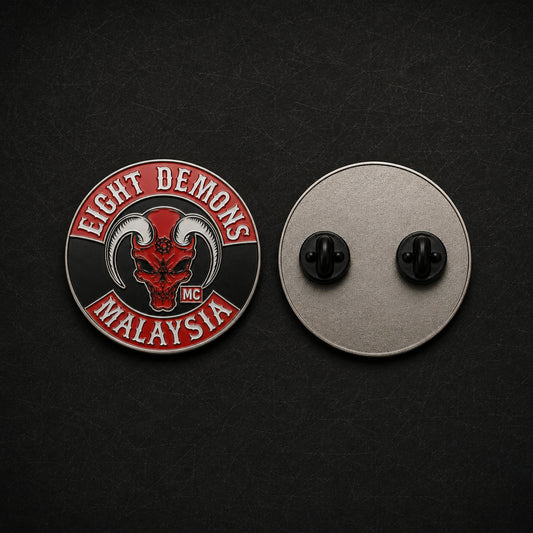 Custom-outline motorcycle club pin following the approved logo shape.