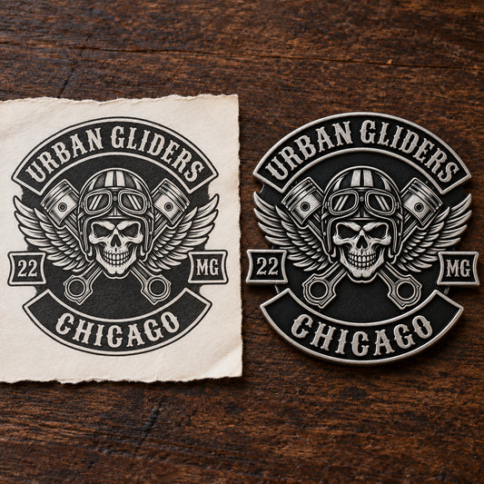 Custom-outline motorcycle club pin following the approved logo shape.