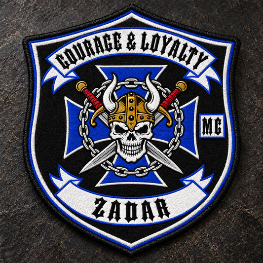 Custom motorcycle club event patch featuring the courage loyalty zadar logo for shield patch shape.