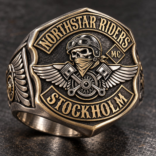 Shield Rings designed from an authorized motorcycle club emblem in White Copper + Brass natural metal tones.