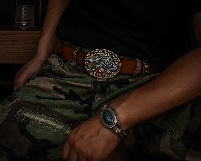 Siamese Crocodile 3D Relief Biker Belt Buckle detail view 3