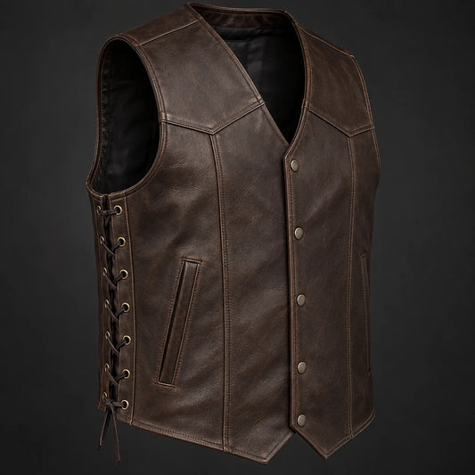 Motorcycle club leather vest showing adjustable side lacing and metal eyelets.