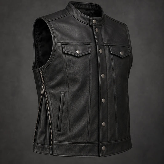 Motorcycle club leather vest showing an adjustable side zipper gusset.