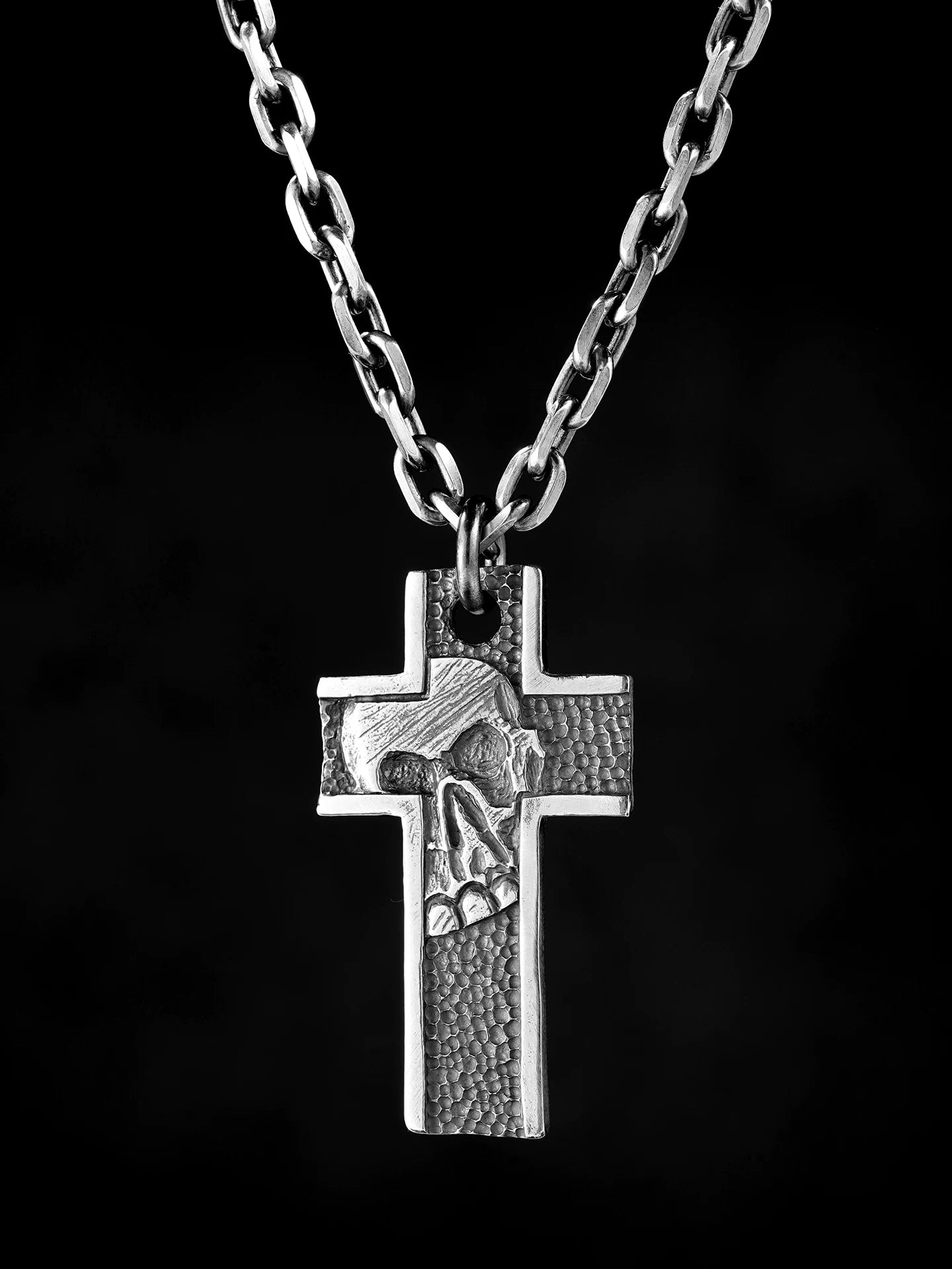 Silent skull cross sterling silver biker pendant shown on chain
