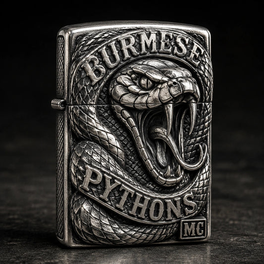 Single-metal sterling silver motorcycle club lighter sculpted around an authorized emblem