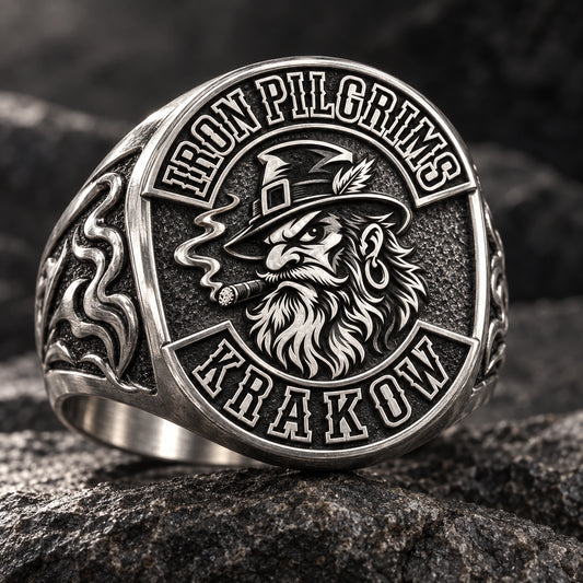 Single-Metal Rings designed from an authorized motorcycle club emblem in 925 Sterling Silver natural metal tones.
