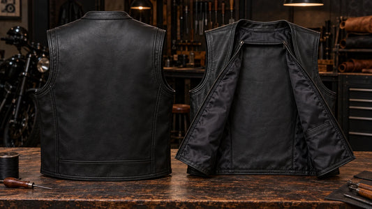 Blank motorcycle club leather vests showing a single-panel back and accessible inner lining.