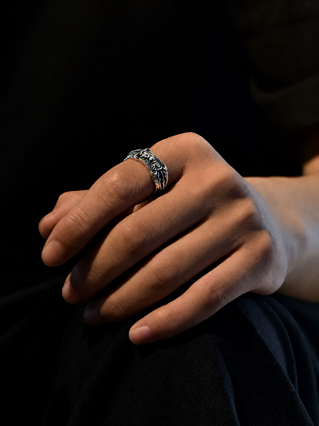 Six-Syllable Mantra Open Sterling Silver Ring - product view 5