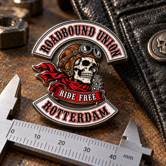 Classic 32 mm Roadbound Union Rotterdam custom 3D vest pin beside a precision ruler