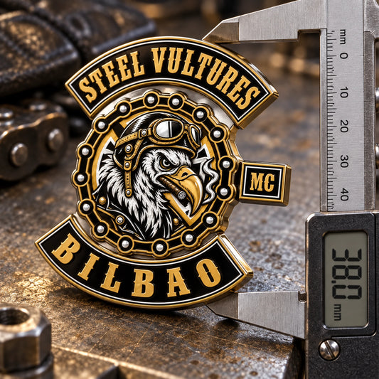 Detailed 38 mm Steel Vultures Bilbao high-relief motorcycle club pin measured by caliper