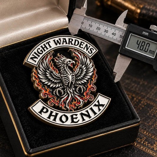 Large 48 mm Night Wardens Phoenix commemorative 3D color pin in a presentation box