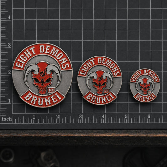 Motorcycle club pin sizes compared on a production measurement grid.
