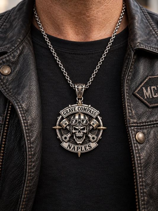 Standard represented by a unique custom motorcycle-club pendant with complete chain and sculptural mixed-metal architecture.