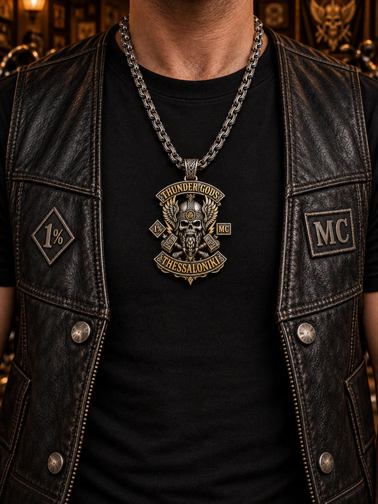 A Thunder Gods Thessaloniki statement motorcycle club pendant worn at a realistic 55–65 mm size with a complete chain.