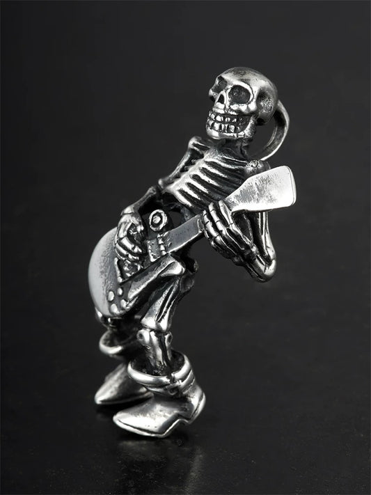 Rock guitarist skeleton silver pendant angled view