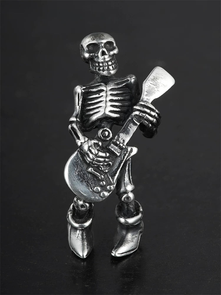 Skeleton guitarist sterling silver biker pendant front view