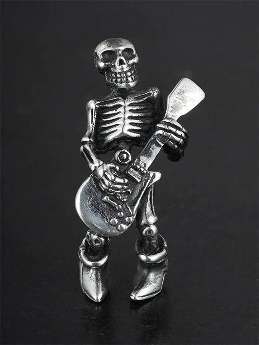 Skeleton guitarist sterling silver biker pendant front view