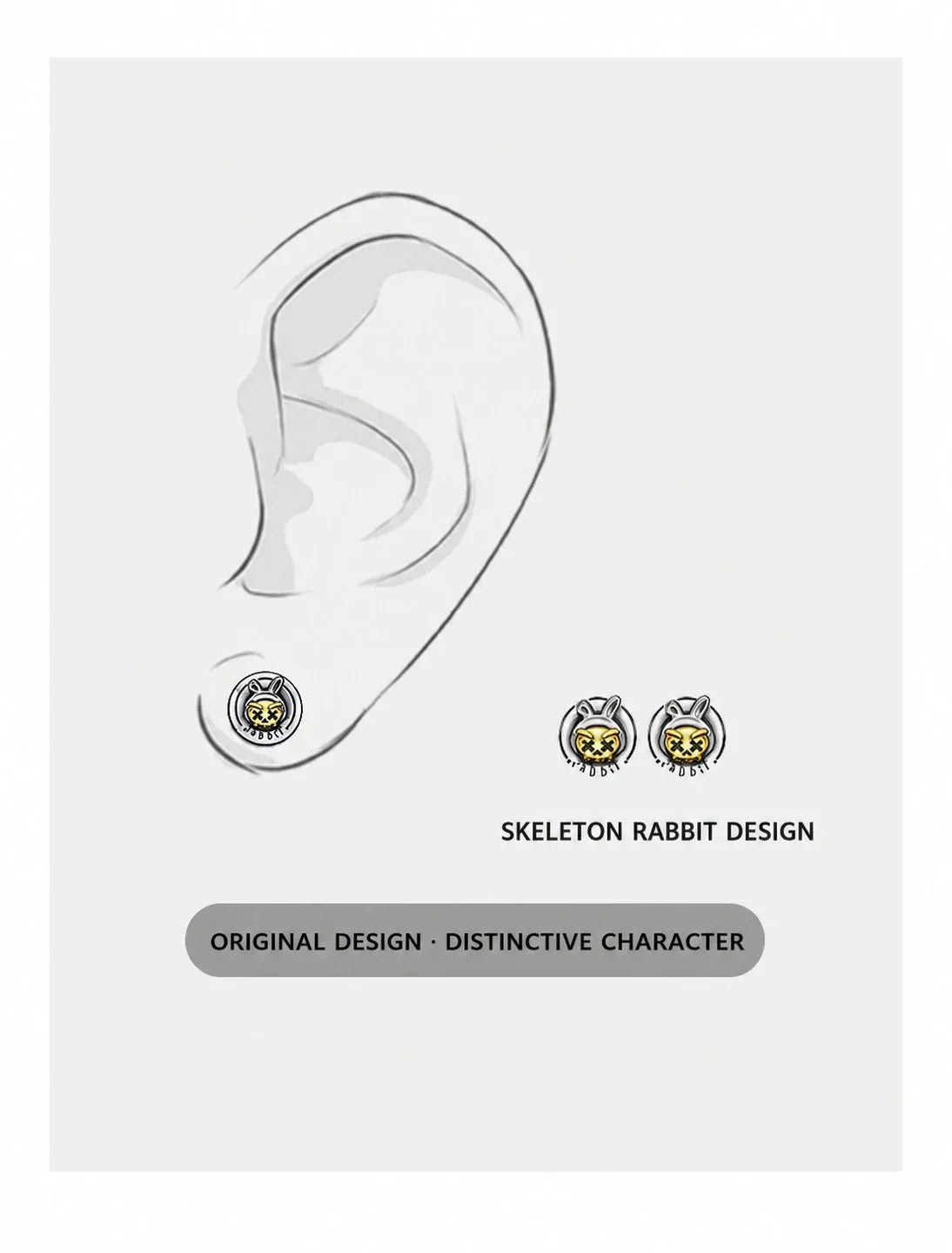 Sterling Silver Skeleton Rabbit Stud Earrings - design illustration
