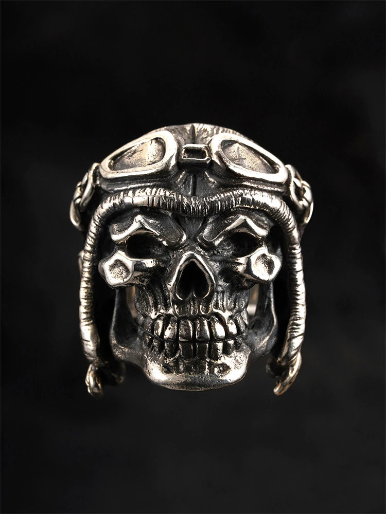 Skull Aviator 925 Sterling Silver Biker Ring - view 1