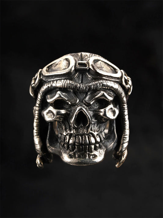 Skull Aviator 925 Sterling Silver Biker Ring - view 1