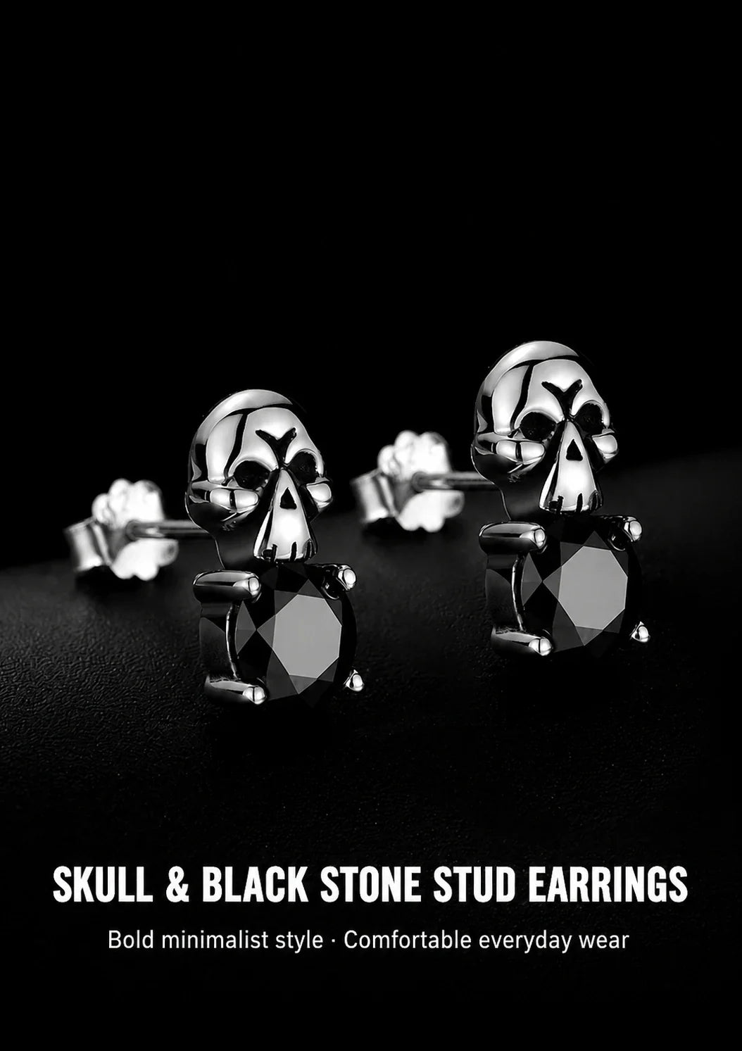 Sterling silver skull and black stone stud earrings