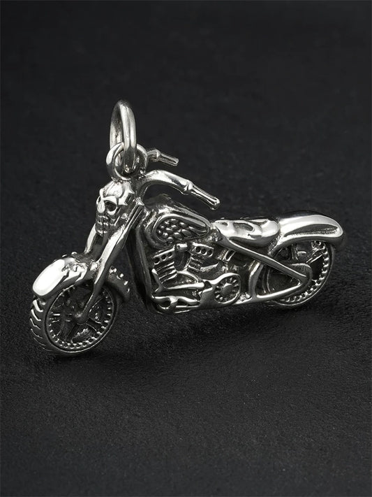 Skull chopper motorcycle sterling silver biker pendant front angle