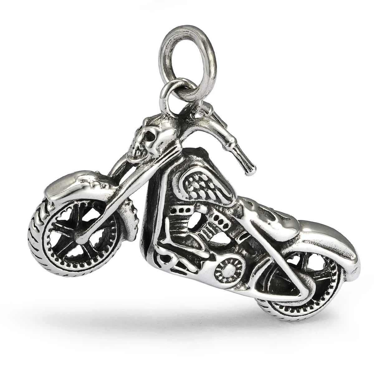 Skull chopper motorcycle sterling silver biker pendant isolated on white