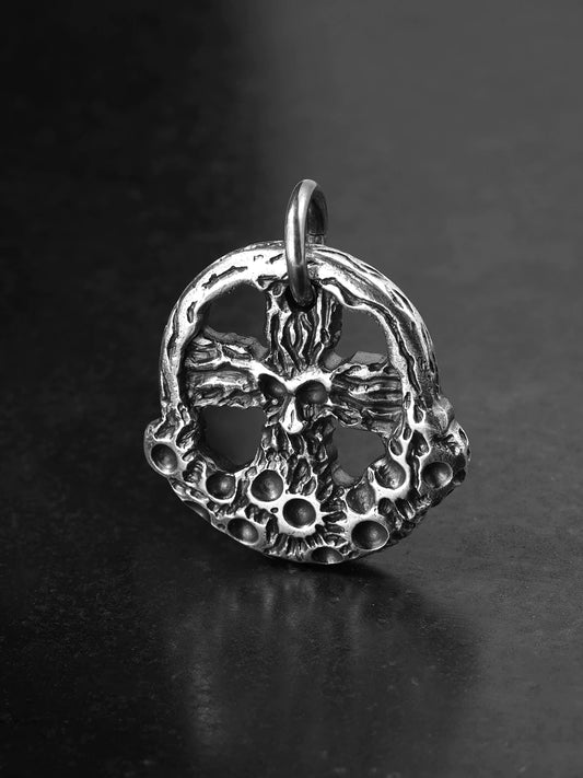 Front view of skull cross moon sterling silver biker pendant