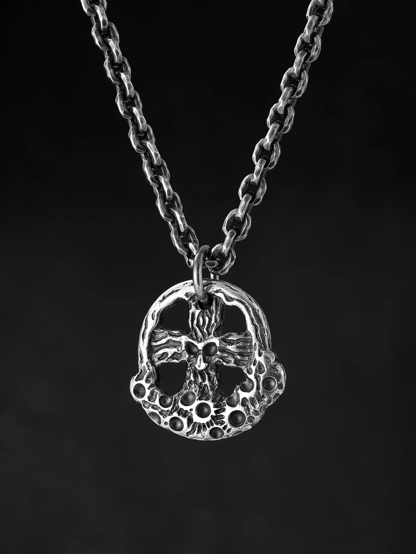Skull cross moon sterling silver pendant shown on chain